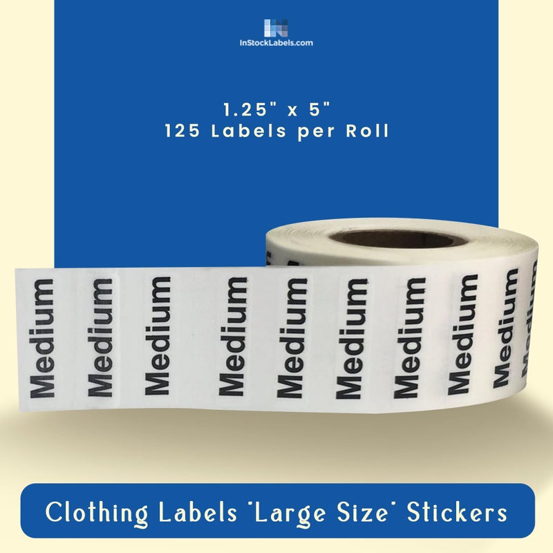 InStockLabels.com Medium Clothing Labels â€“ Clear Size Strip Stickers with Black Text, 1.25 x 5 Inch Adhesive Labels, 125 Total Stickers for Retail Apparel, Clothing Organization, and Inventory â€“ Made in The USA - Image 2
